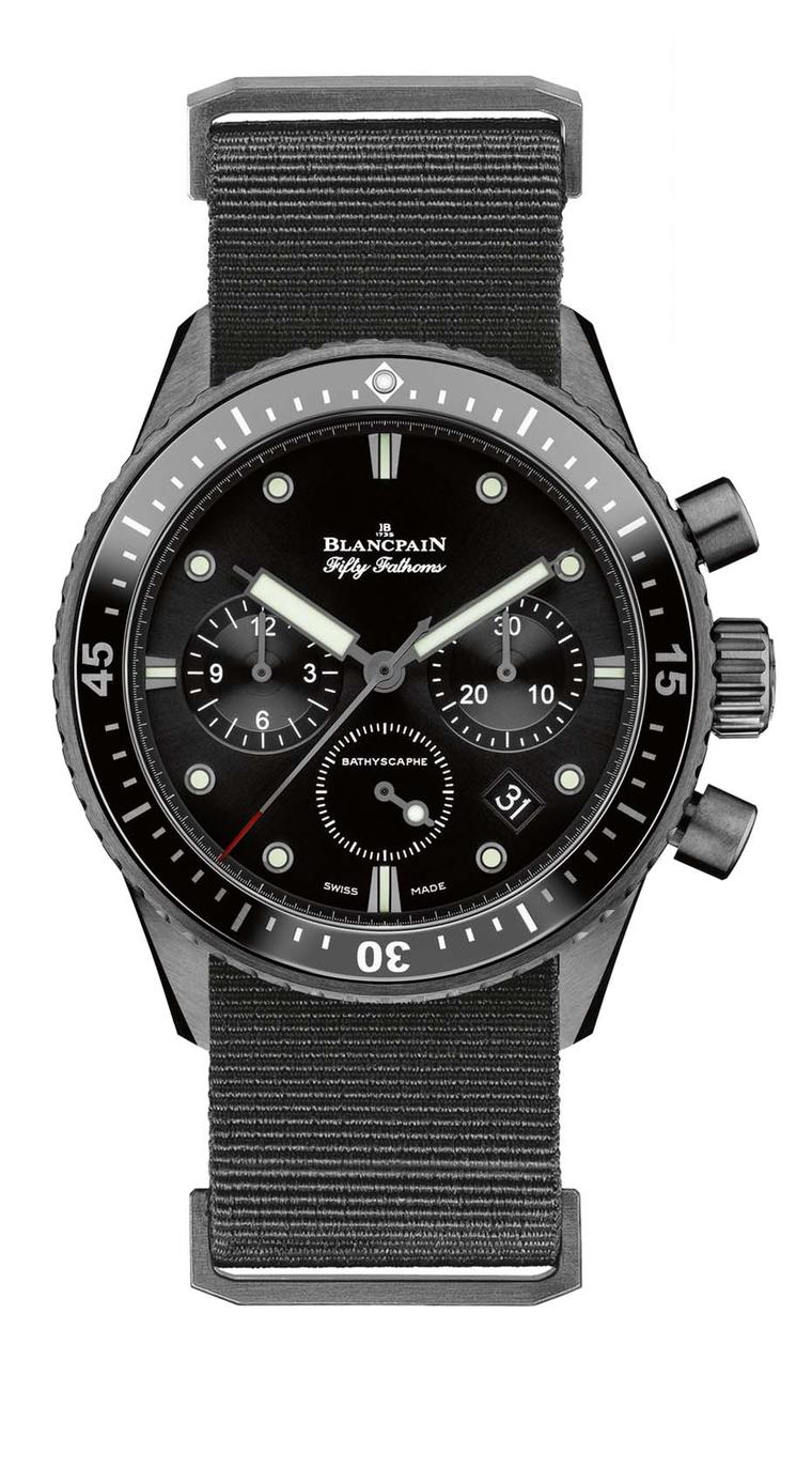 Originally designed for the French Navy, the Blancpain Fifty Fathoms Bathyscaphe Flyback Chronograph watch comes with a heavy-duty nylon NATO strap