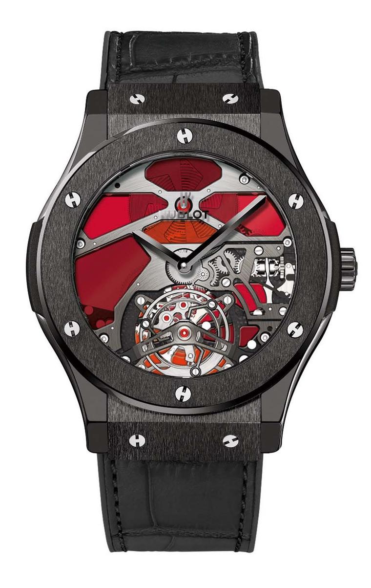 Hublot has inserted slivers of red and blue stained glass to decorate the dial of the Classic Fusion Tourbillon Vitrail watch