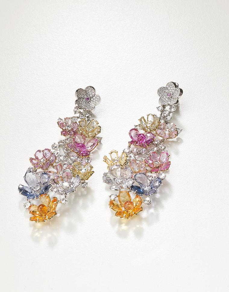 One-of-a-kind Meissen earrings with multi-coloured sapphires and diamonds, from the Haute Couture collection.