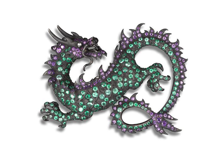 Dancing Dragon brooch with amethyst, emerald and white diamond by Carnet, designed by Michelle Ong.