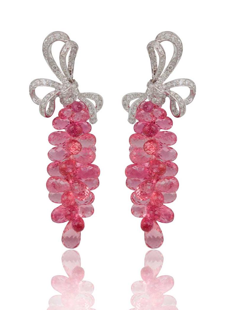 Mirari earrings in white gold with rubellite briolettes and diamonds.