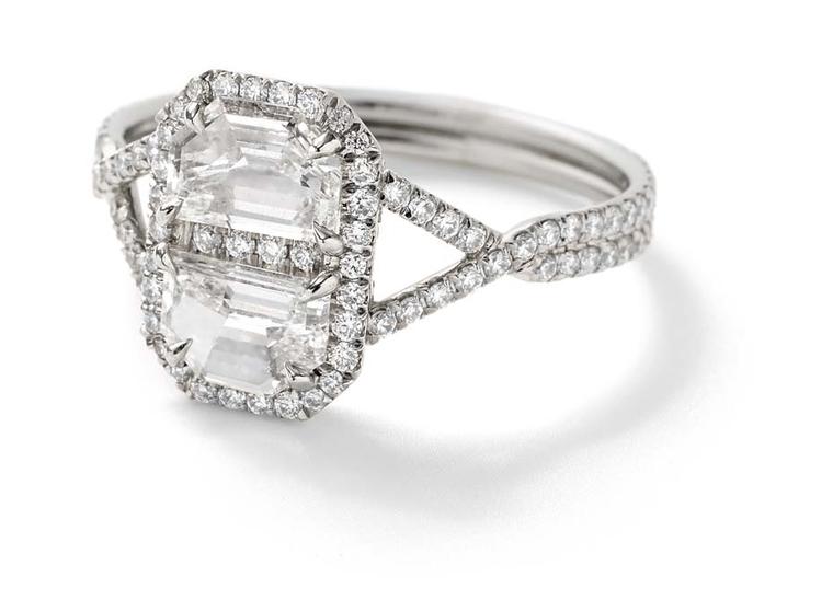 Monique Péan Mineraux engagement ring in recycled platinum, set with a pair of special cut antique white diamonds and white diamond pavé ($22,650)
