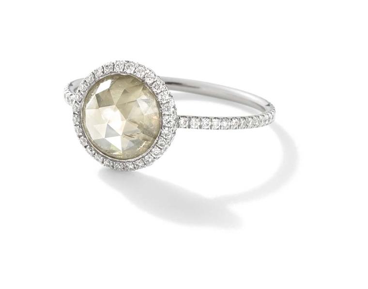 Monique Péan Mineraux engagement ring in recycled platinum, set with a round grey waterfall cut diamond and diamond pavé ($19,000)