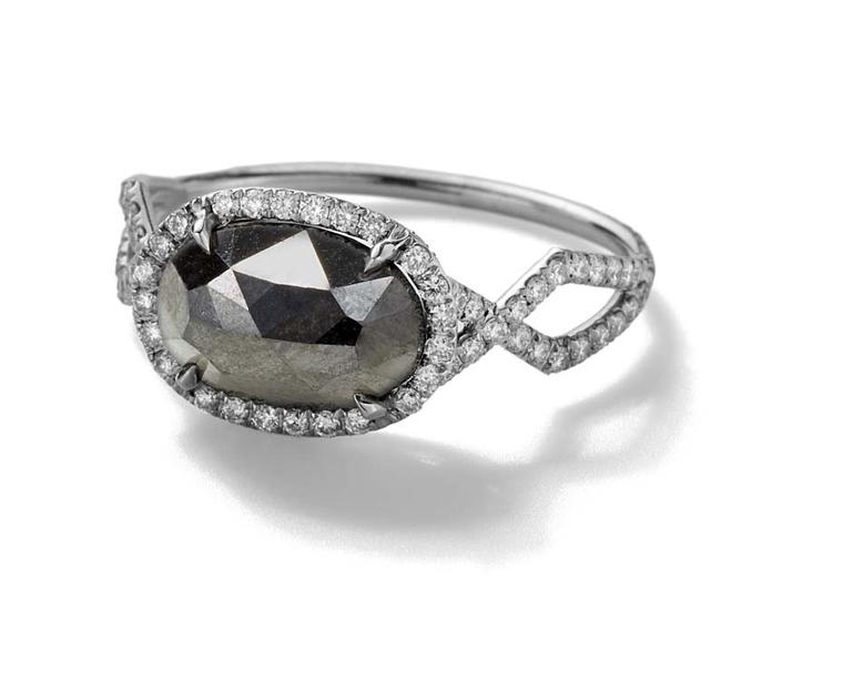 Monique Péan Mineraux engagement ring in recycled platinum, set with a black oval diamond and diamond pavé ($16,160)