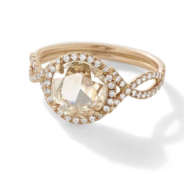 Monique Péan Mineraux engagement ring in recycled rose gold, set with an antique champagne rose cut diamond and diamond pavé ($39,690).
