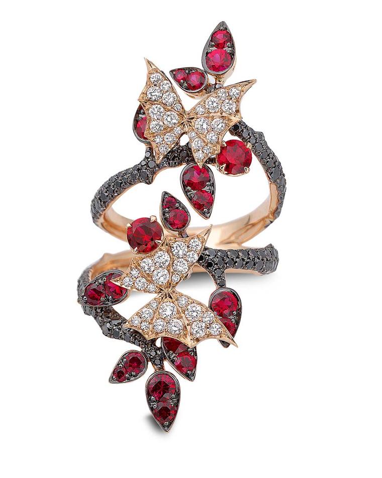Stephen Webster 'Fly By Night' Couture long finger ring set in rose gold, with rubies and black and white diamonds.
