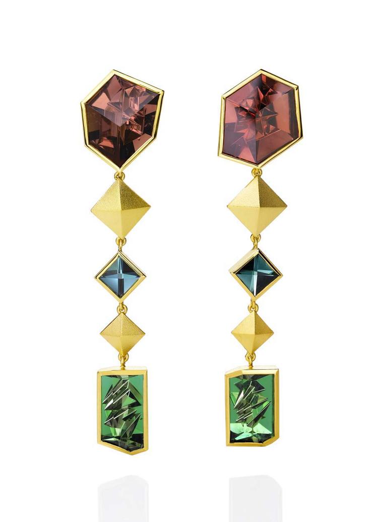 Atelier Munsteiner earrings set with six coloured tourmalines in yellow gold.