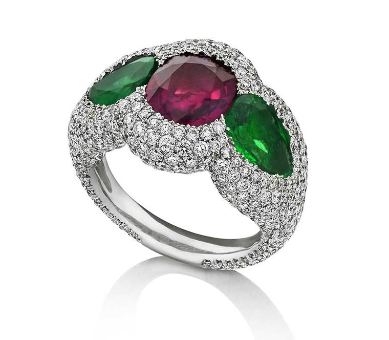 One-of-a-kind Niquesa Rose of the Desert ring set with a central Gemfields African ruby and Gemfields emeralds, encased in diamonds.