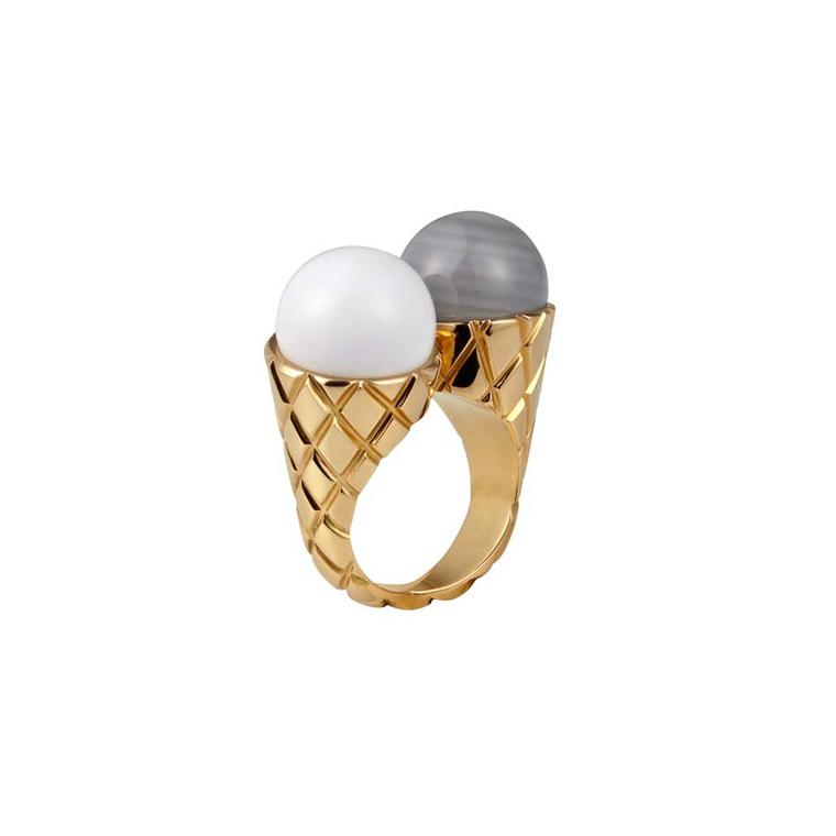 Cora Sheibani's Ice Cream ring in 18ct rose gold with grey striped chalcedony and cacholong evokes memories of sunny days on the beach. Available at kultia.com.