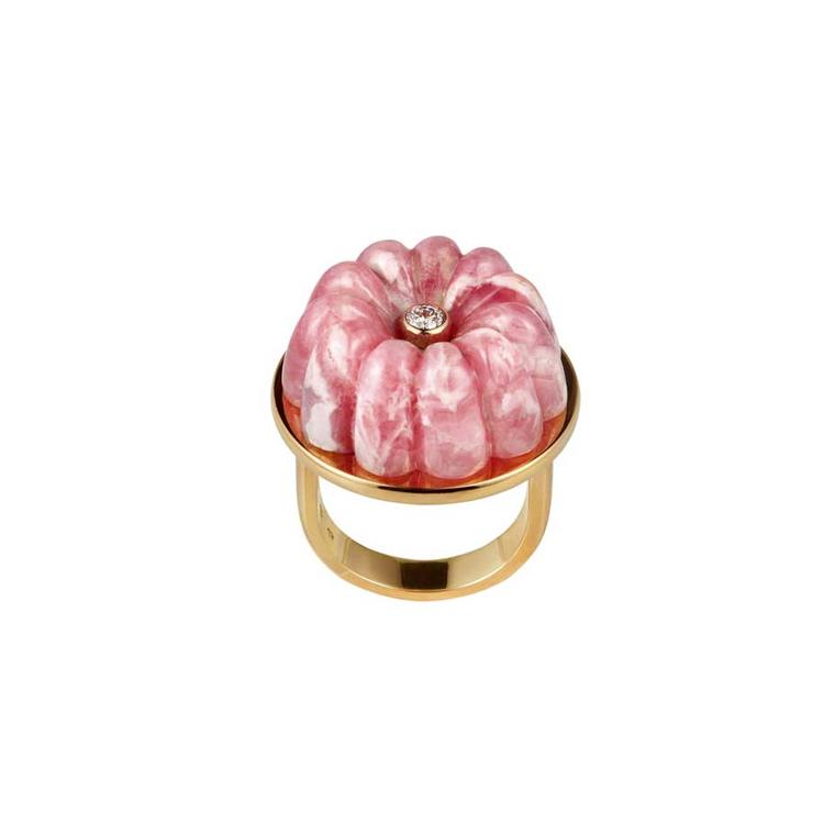 Cora Sheibani Strawberries and Cream ring in yellow gold with carved rodochrosite.