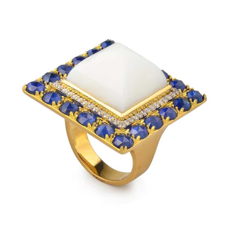 Parulina Pac-Man ring in yellow gold, set with blue sapphires, diamonds and white coral. Available at Neiman Marcus Boca Raton.
