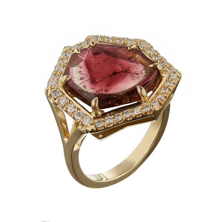 Tessa Packard Brighton Rocks ring in yellow gold, set with a watermelon tourmaline and diamonds.