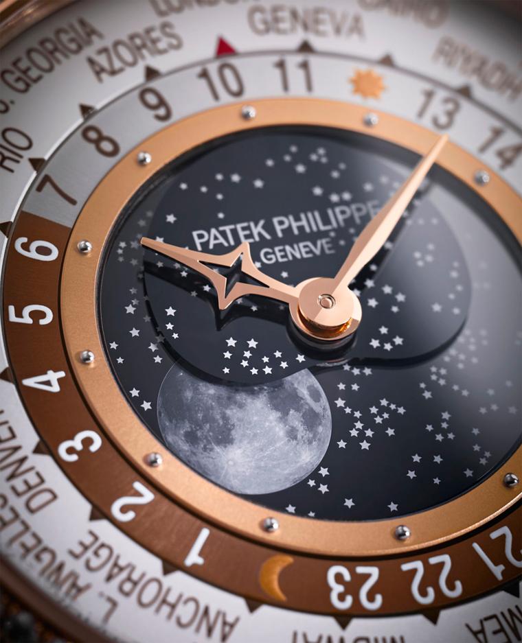 Patek Philippe World Time Moon Reference 7175 fuses a classic Moon-phase complication with a world time watch. The classic Patek world time discs, first launched in the 1930s, are placed at the periphery of the dial and indicate the time in all of the wor