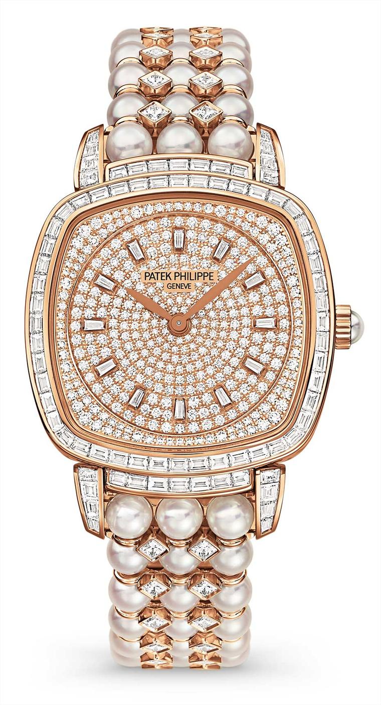 This year, Patek Philippe's Ladies Gondolo Ref. 7042/100R-001 has been generously embellished for the watchmaker's 175th anniversary gala with an evening dress of diamonds and pearls