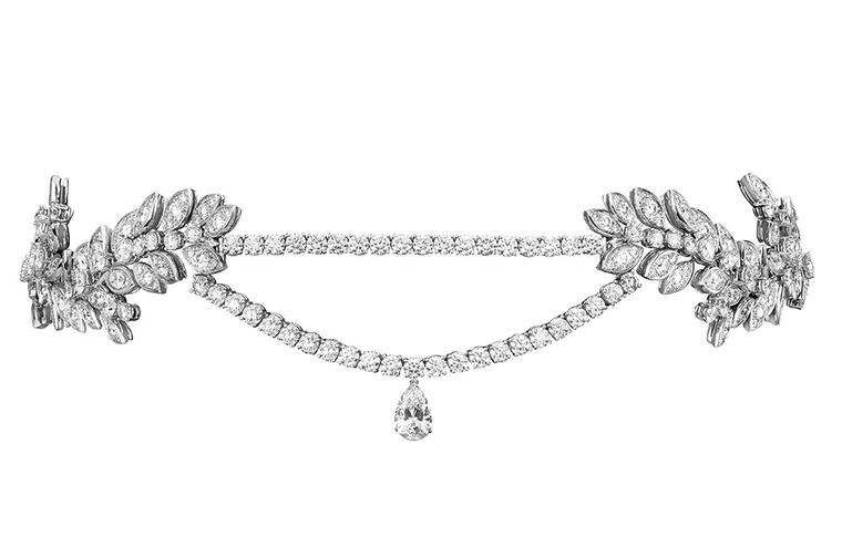 One-of-a-kind Piaget Rose Passion headband in white gold with brilliant-cut diamonds a pear-shaped diamond