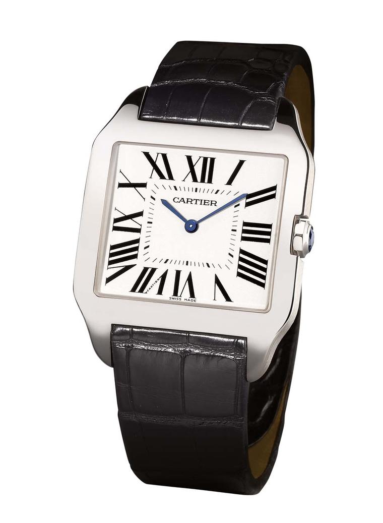The modern version of the Cartier Santos-Dumont watch - introduced in 2004 - offers a slender mechanical movement and the distinct, large black Roman indexes that are so Cartier.