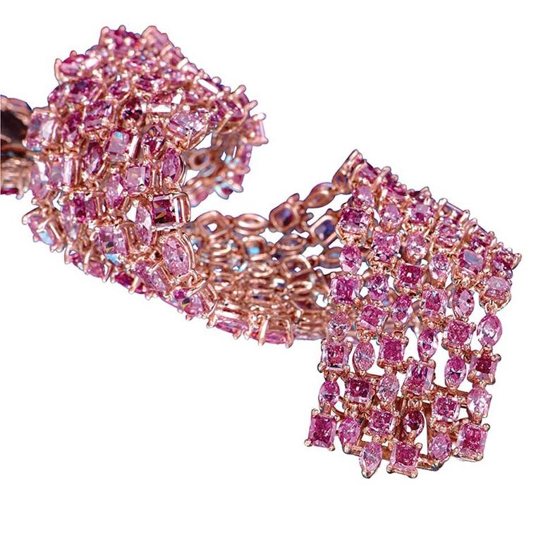 This extravagant LJ West Majestic pink diamond bracelet, worth an estimated $8 million, was also included in the Argyle Pink Diamonds company's 2012 exhibition of pink diamonds in London.