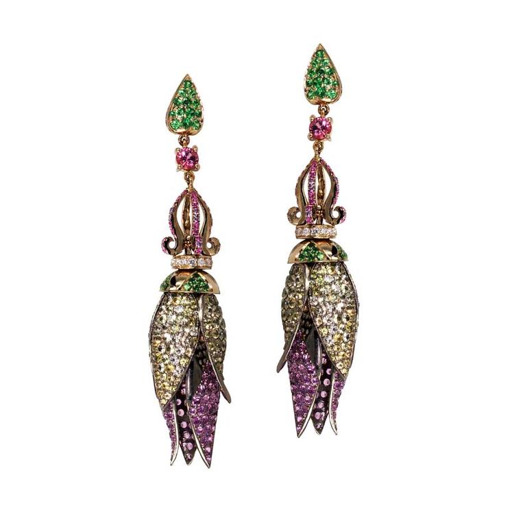 Nisan Lotus sapphire drop earrings featuring sapphires, tsavorites and spinels (£4,662 at Plukka.com).