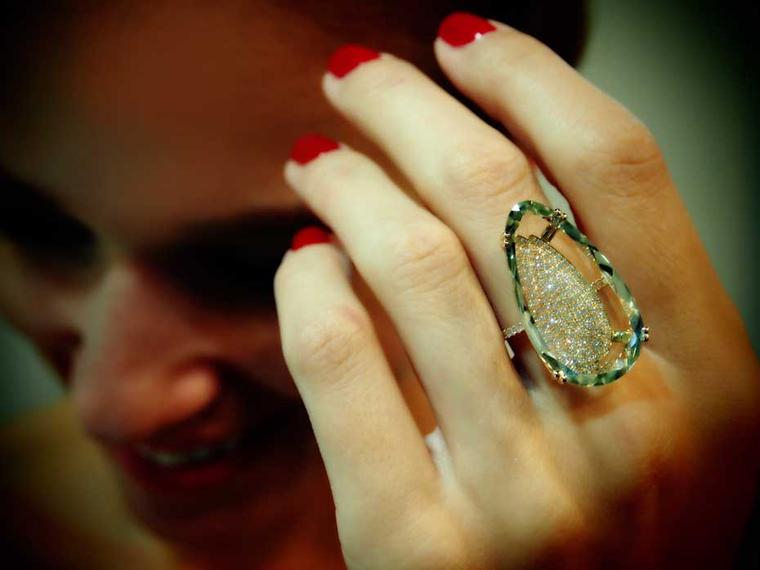 Suzanne Kalan Vitrine ring featuring a pear-shaped green amethyst backed in pavé diamonds (£5,119 at Plukka.com).