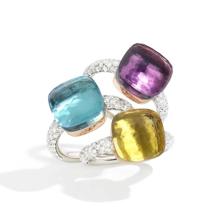 Pomellato Nudo rings in white gold and diamonds, set with an amethyst, blue topaz and lemon quartz (£3,980 each).