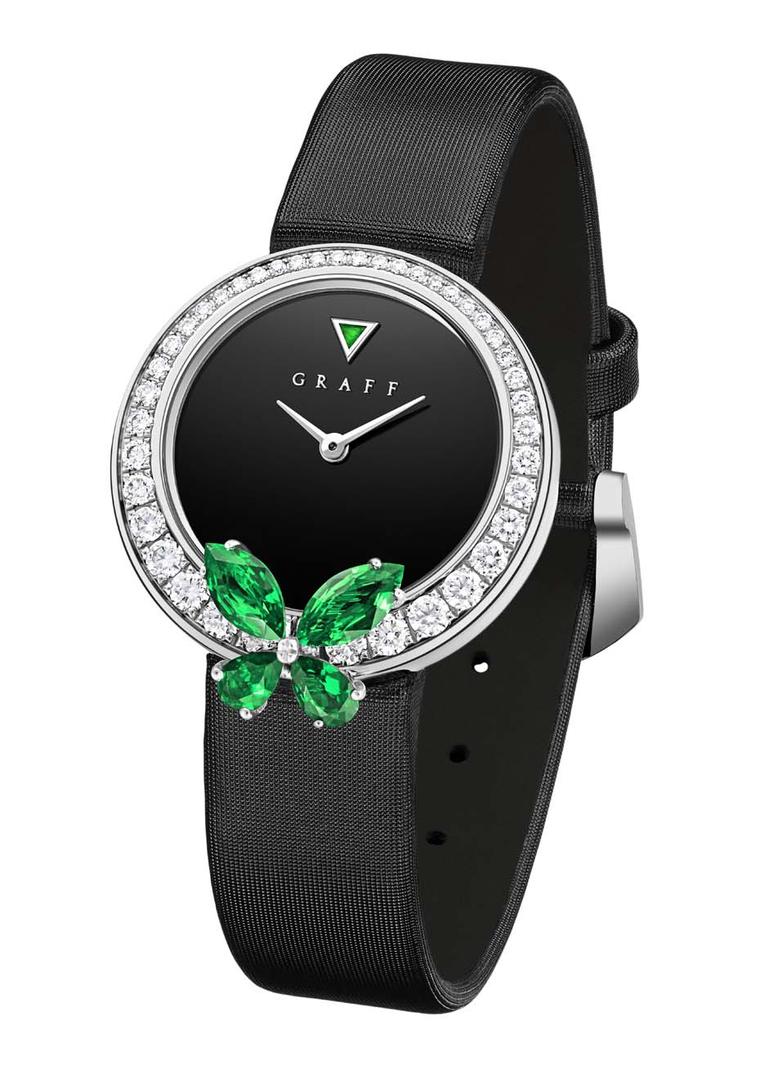 Graff's Classic Butterfly watch sees an emerald butterfly perched atop a diamond-set bezel