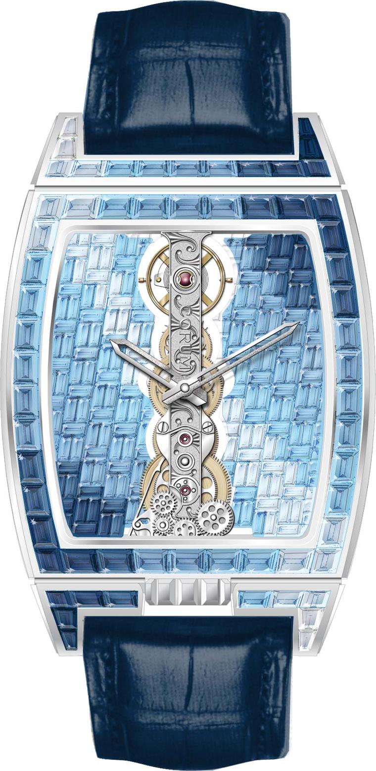 A spectacular interpretation of Corum's Golden Bridge, with the watch mechanism reduced to a thin strip, further enhanced by a cross-hatch pattern of sapphires
