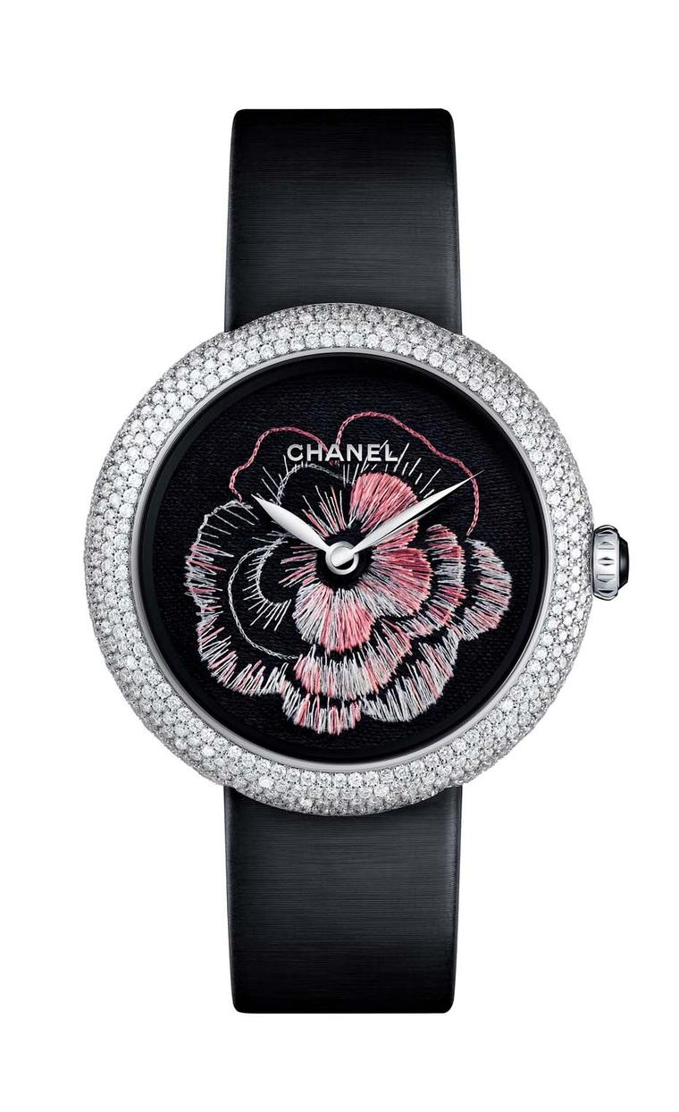 Chanel Mademoiselle Privé Camélia Brodé watch with a hand-embroidered dial.
