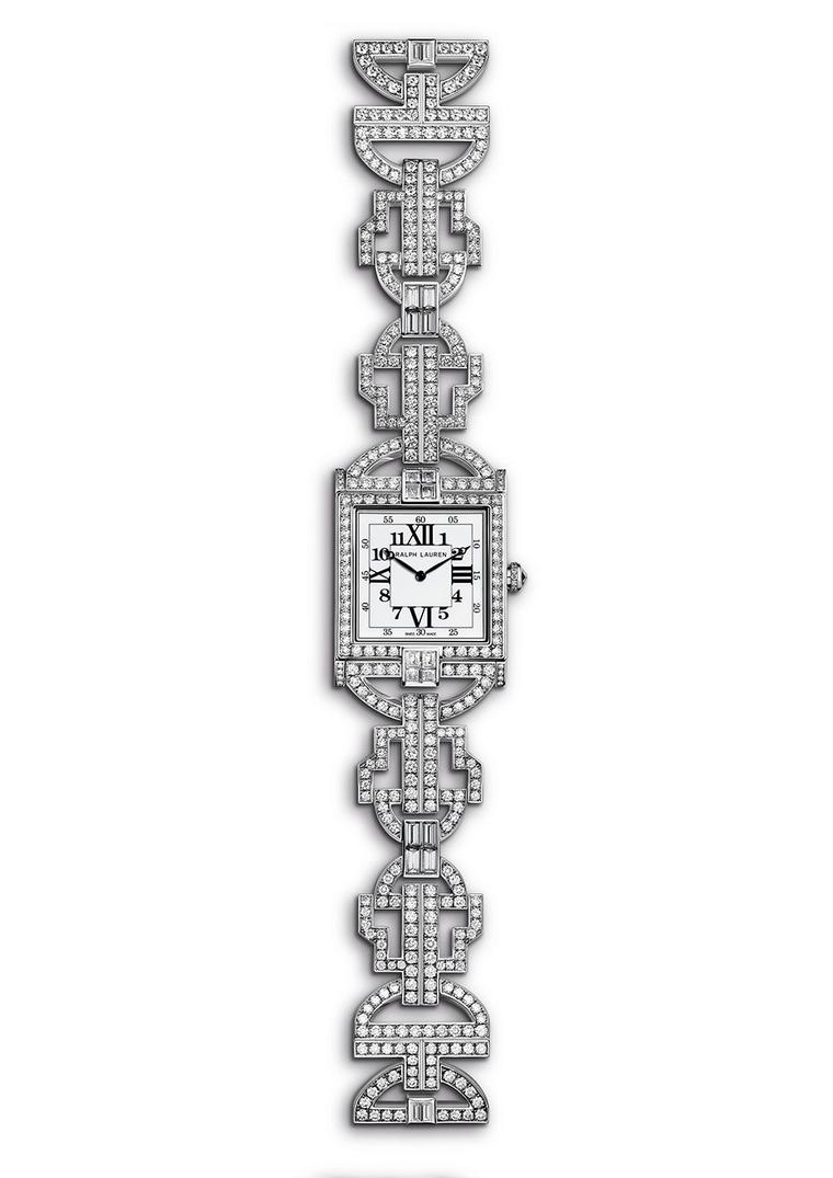 Named after Ralph Lauren’s historic store at 867 Madison Avenue, New York, the white gold RL 867 watch sparkles with pavé diamonds on every facet, including the bezel, case, bracelet and clasp