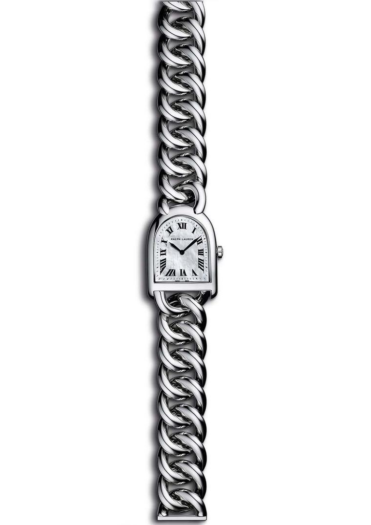 Ralph Lauren Stirrup Petite-Link bracelet watch in steel with a mother-of-pearl dial.