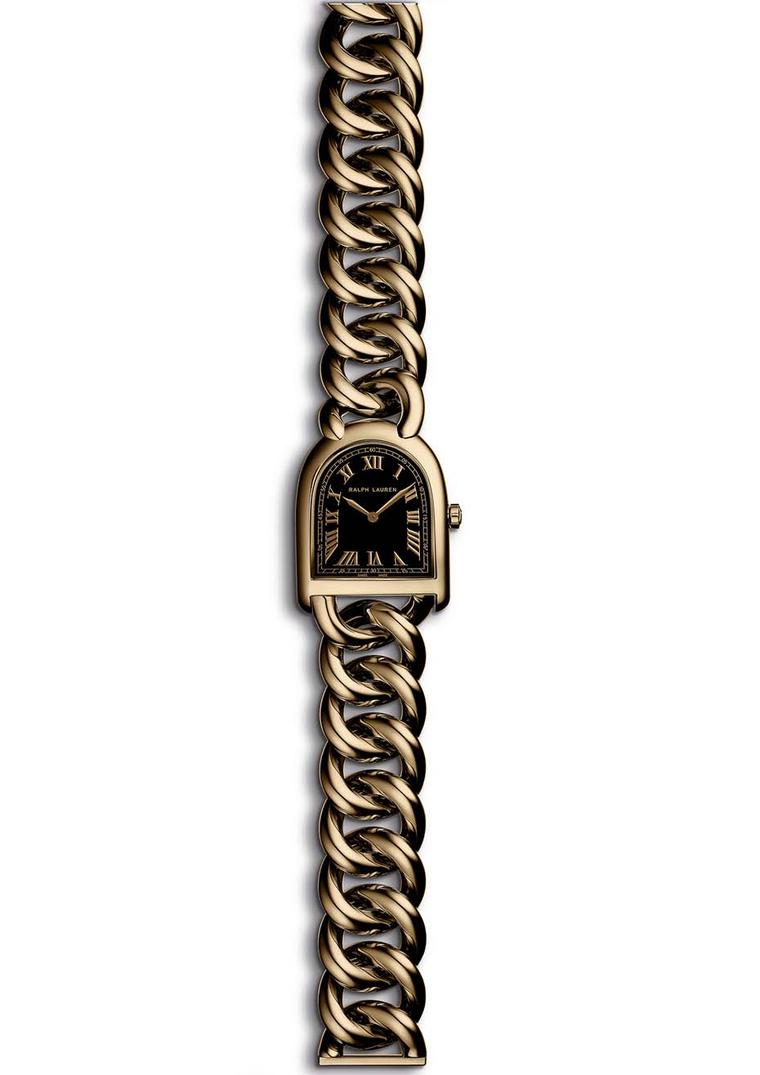 Ralph Lauren Stirrup Petite Link in rose gold with a black lacquered dial