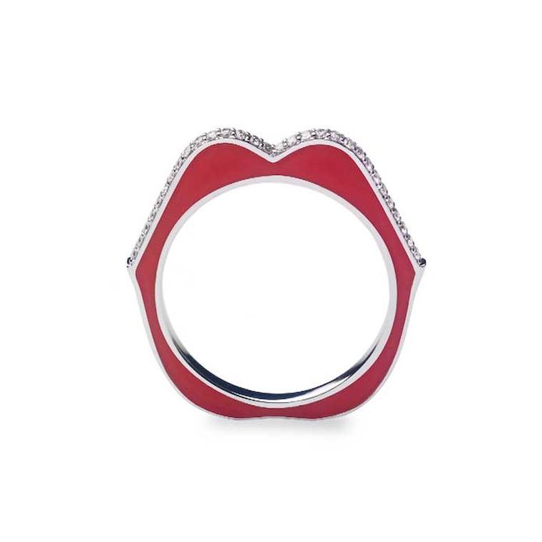 Raphaele Canot Oh My God ring in white gold, diamonds and red enamel.