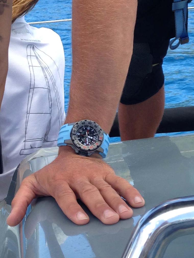 A Richard Mille RM 028 watch in action on board Jolt 2 at the Les Voiles de St Barth Regatta 2014