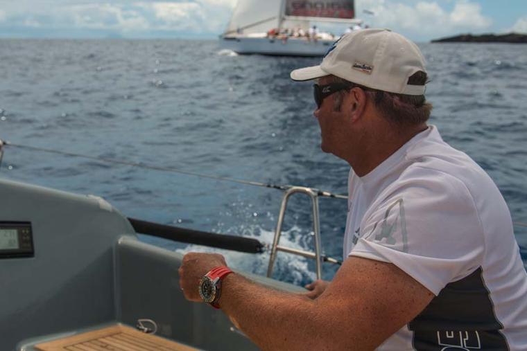 Tactician and Navigator on Jolt 2, Campbell Field, a professional yachtsman with over 20 years' experience, wears a Richard Mille RM 60-01 Flyback Chronograph Regatta