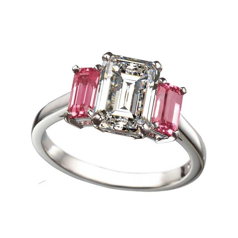 Ritz Fine Jewellery three stone engagement ring featuring an emerald-cut white diamond flanked by two emerald-cut pink diamonds.