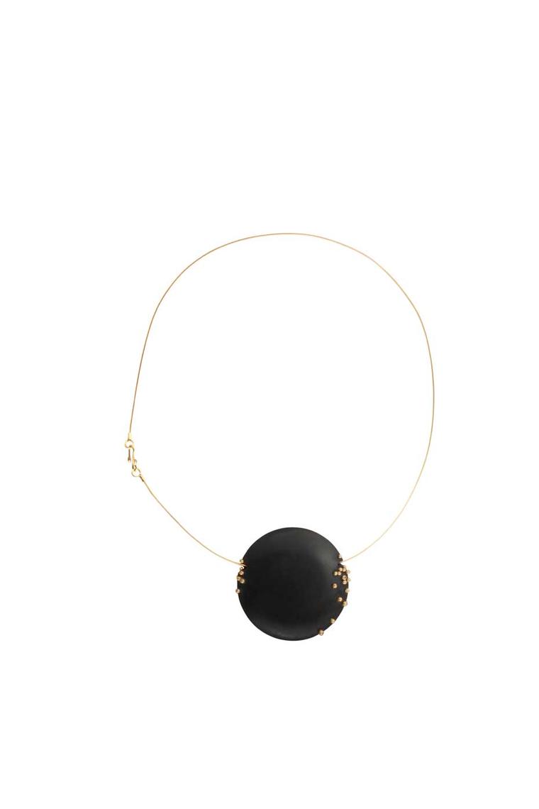 Jacqueline Cullen hand-carved Whitby jet pendant in gold, set with champagne diamonds.