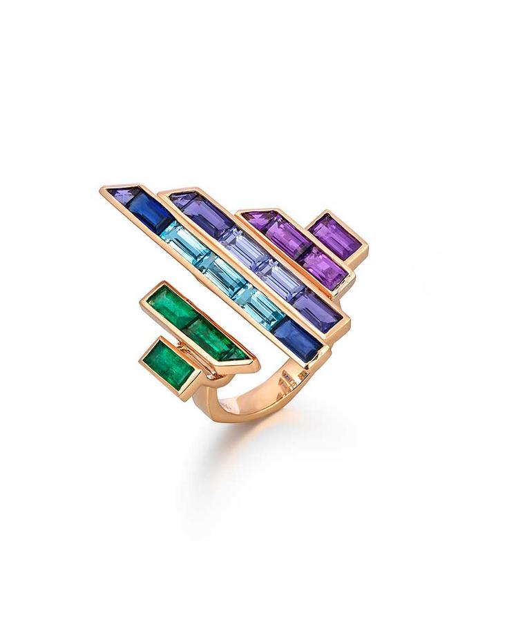 Tomasz Donocik Electric Night Disc ring in rose gold with coloured gemstones