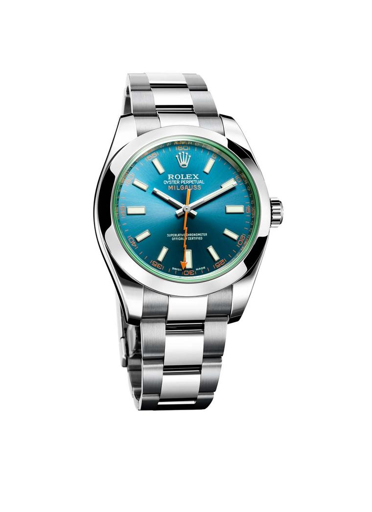 Launched in 2014, the new Rolex Milgauss Z-blue watch has a deep turquoise sunburst dial and trademark glace verte green sapphire crystal.