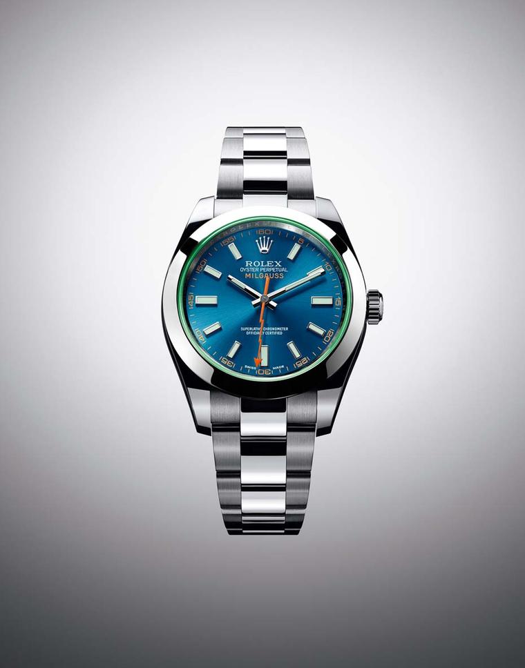 The new Rolex Milgauss Z-blue watch, with its distinctive turquoise dial, has the same technical specs as previous Rolex Milgauss watches, including a 904L stainless steel superalloy case and an antimagnetic shield that protects the automatic movement fro