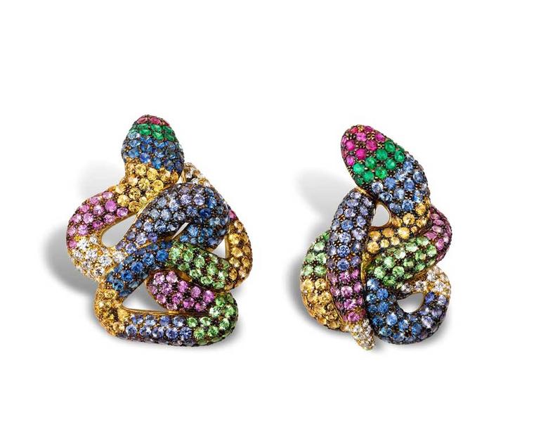 Rosior snake earrings adorned with a colourful mix of diamonds, sapphires, rubies, emeralds and tsavorites.
