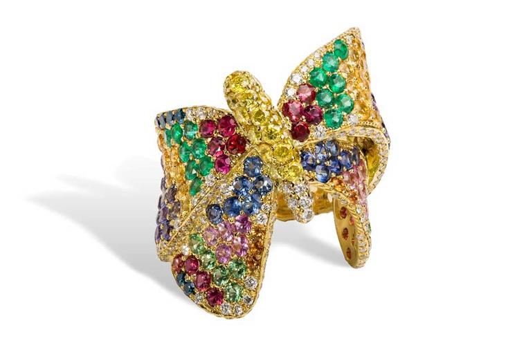 Rosior Butterfly ring with a mix of white diamonds, yellow diamonds, blue diamonds, sapphires, rubies and emeralds.