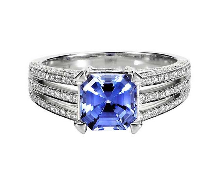 Royal Asscher blue sapphire engagment ring with diamonds.