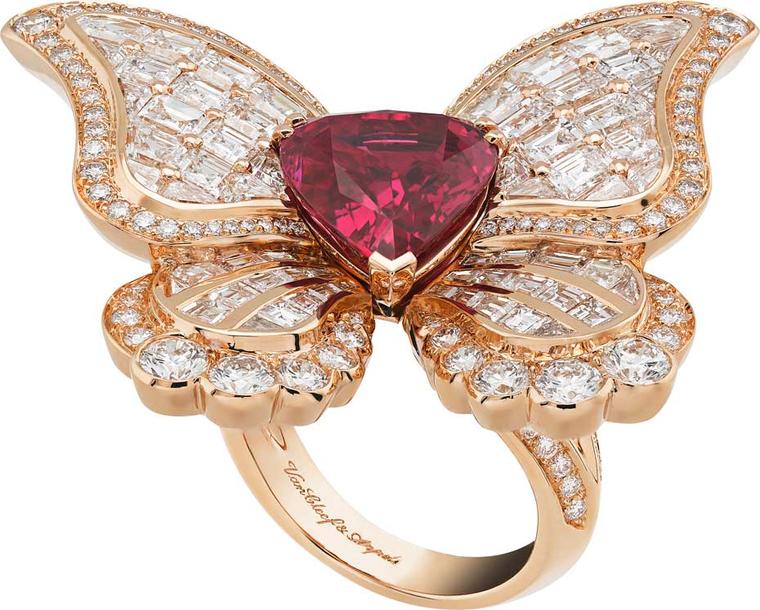 Van Cleef & Arpels Peau d'Ane Butterfly ruby ring in rose gold with a central 5.76ct pear-shaped ruby, round diamonds and square and baguette-cut rubies.