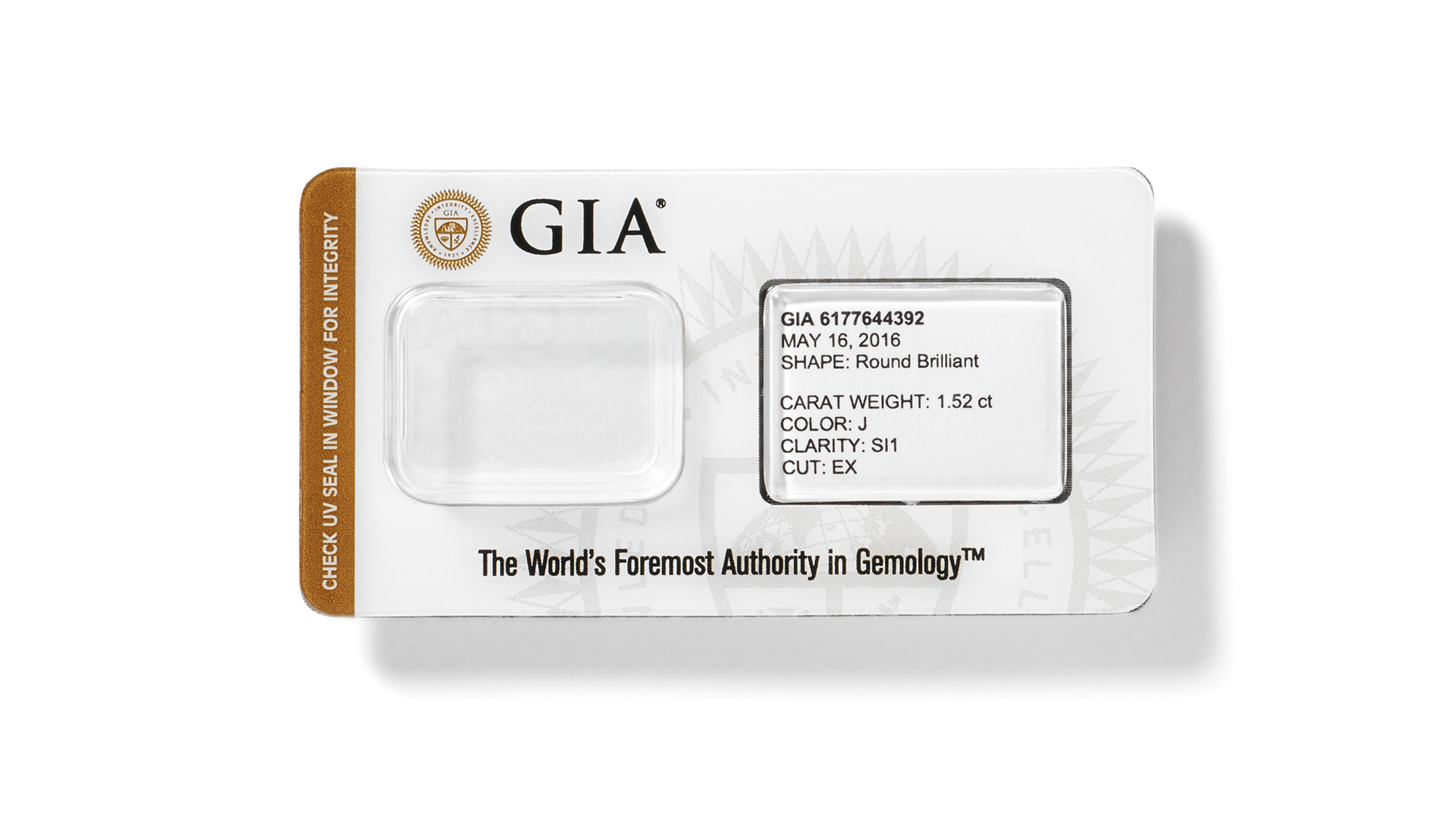 Sample of GIA sealing service's secure, tamper-resistant packaging with diamond's key grading details listed on the front.
