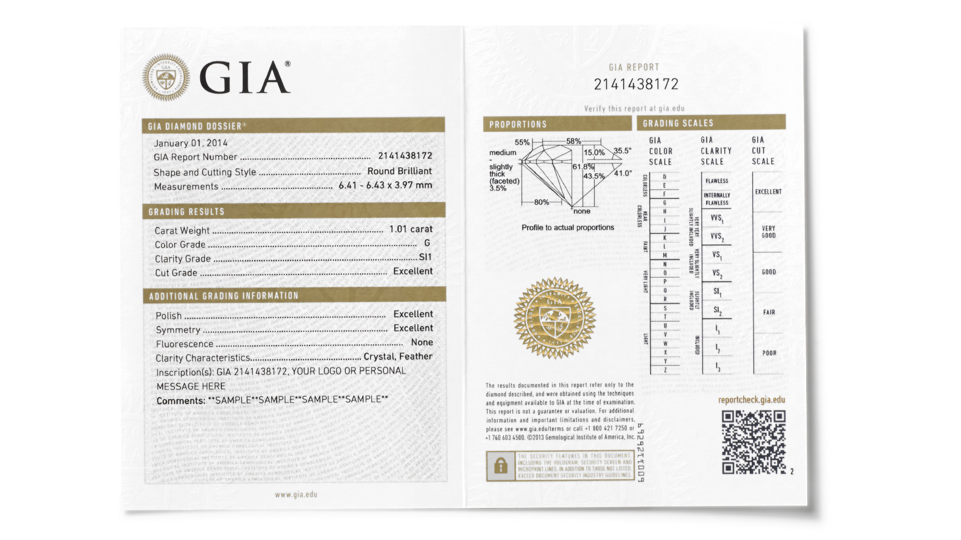 The GIA Diamond Dossier® includes an assessment of the 4Cs – Color, Clarity, Cut and Carat Weight – plus a microscopic laser inscription of the GIA report number for easy identification in a smaller format.