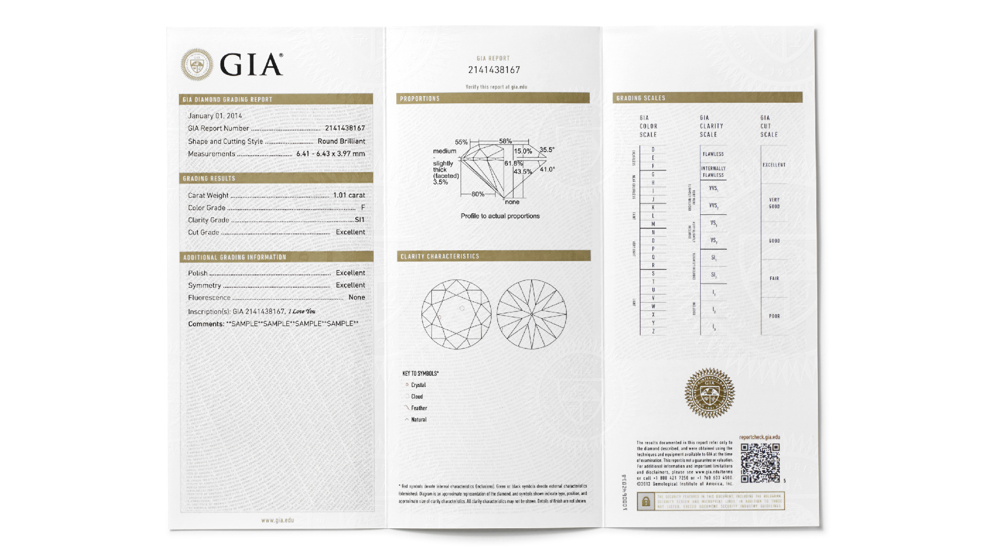 A GIA Diamond Grading Report includes an assessment of the 4Cs – Color, Clarity, Cut and Carat Weight – along with a plotted diagram of its clarity characteristics and a graphic representation of the diamond’s proportions. The report also includes the official GIA grading scales for Color, Clarity and Cut as reference tools. 