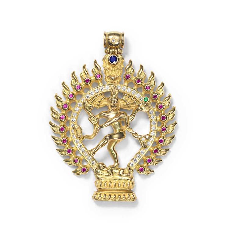 Shamballa Jewels XL Dancing Shiva pendant in yellow gold with rubies, emeralds, sapphires and white diamonds.