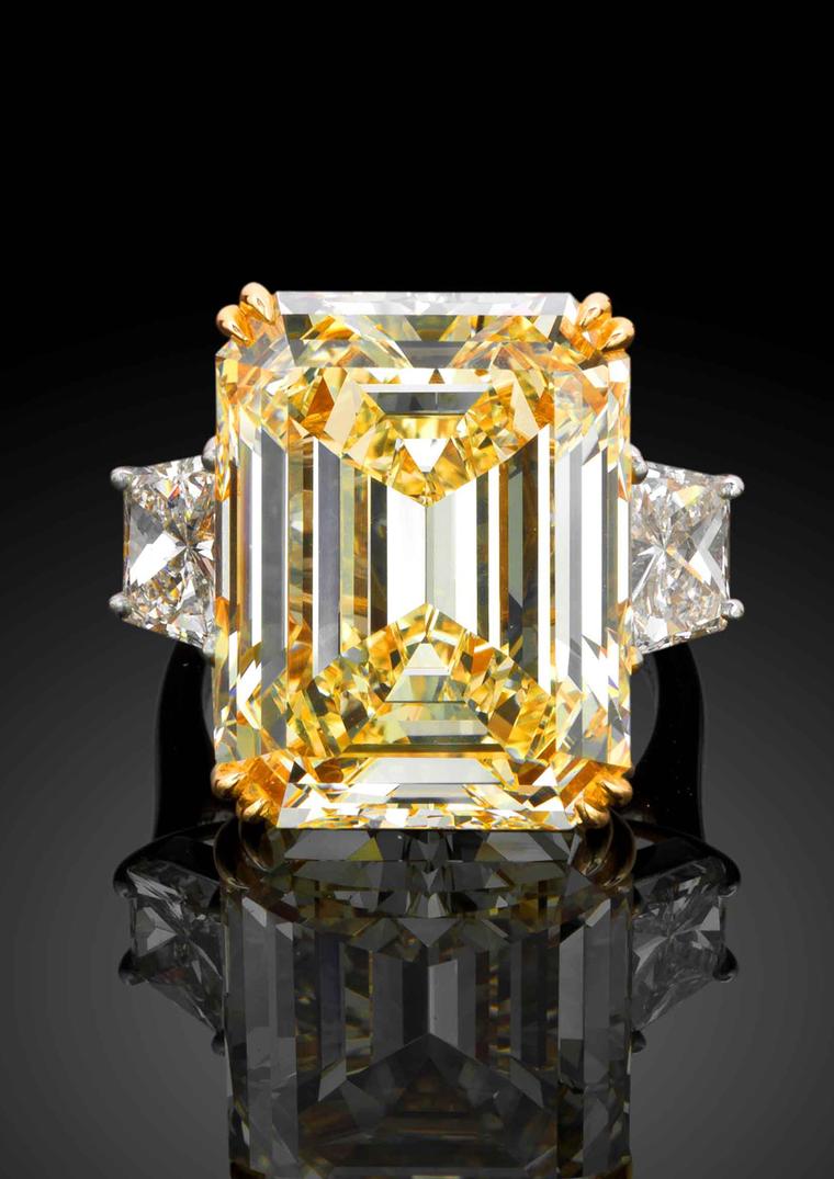 Star Diamond yellow diamond engagement ring with a 21.18ct VS1 clarity emerald-cut yellow diamond flanked by two trapeze-cut white diamonds (£POA).