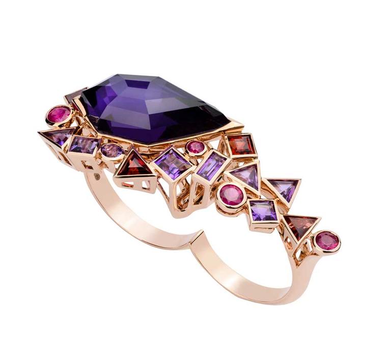 Stephen Webster ‘Gold Struck’ Crystal Haze Two Finger Ring in rose gold set with Rhodolite garnet, ruby, amethyst and amethyst over hematite  from the new Gold Struck collection, which was inspired by the Cheapside Hoard.