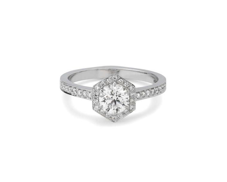 Stephen Webster's Bridal Collection 'Deco' Hexagonal engagement ring with Forevermark diamonds.