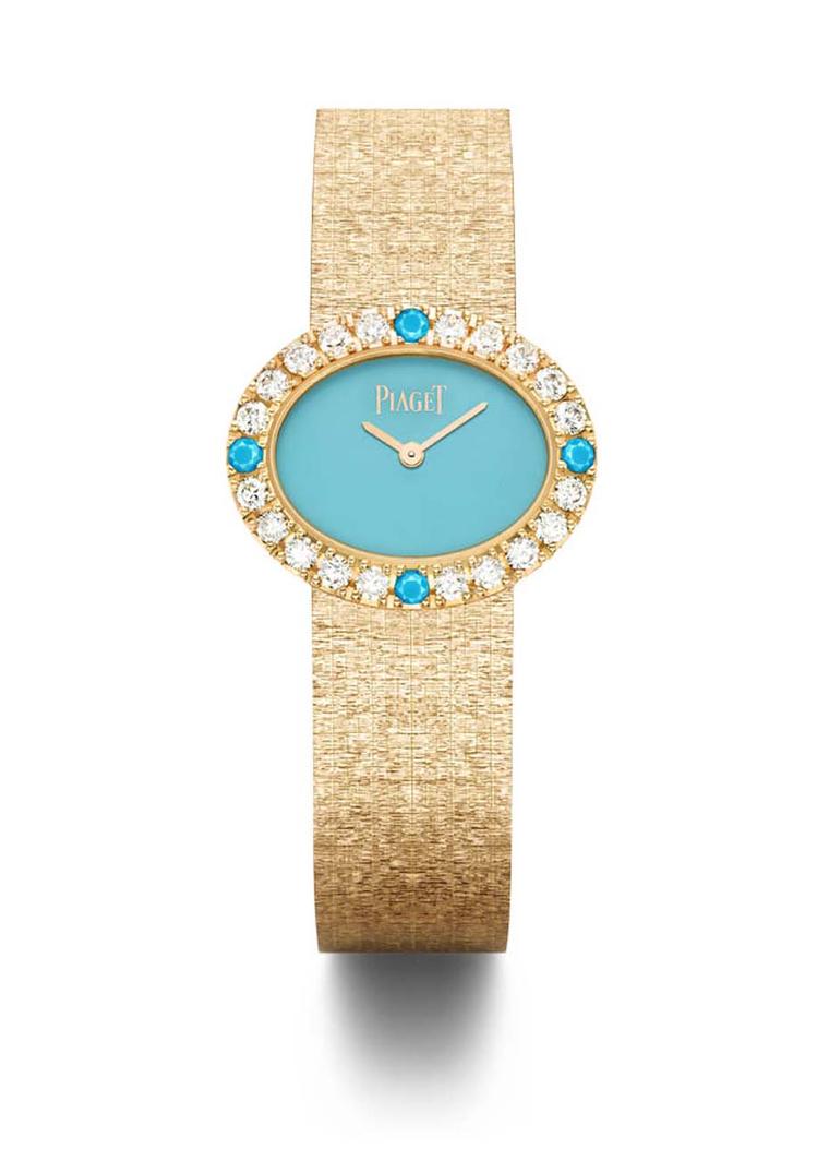 Extremely Piaget collection watch featuring an oval turquoise dial punctuated with diamonds and four natural turquoise cabochons alongside a textured gold bracelet.